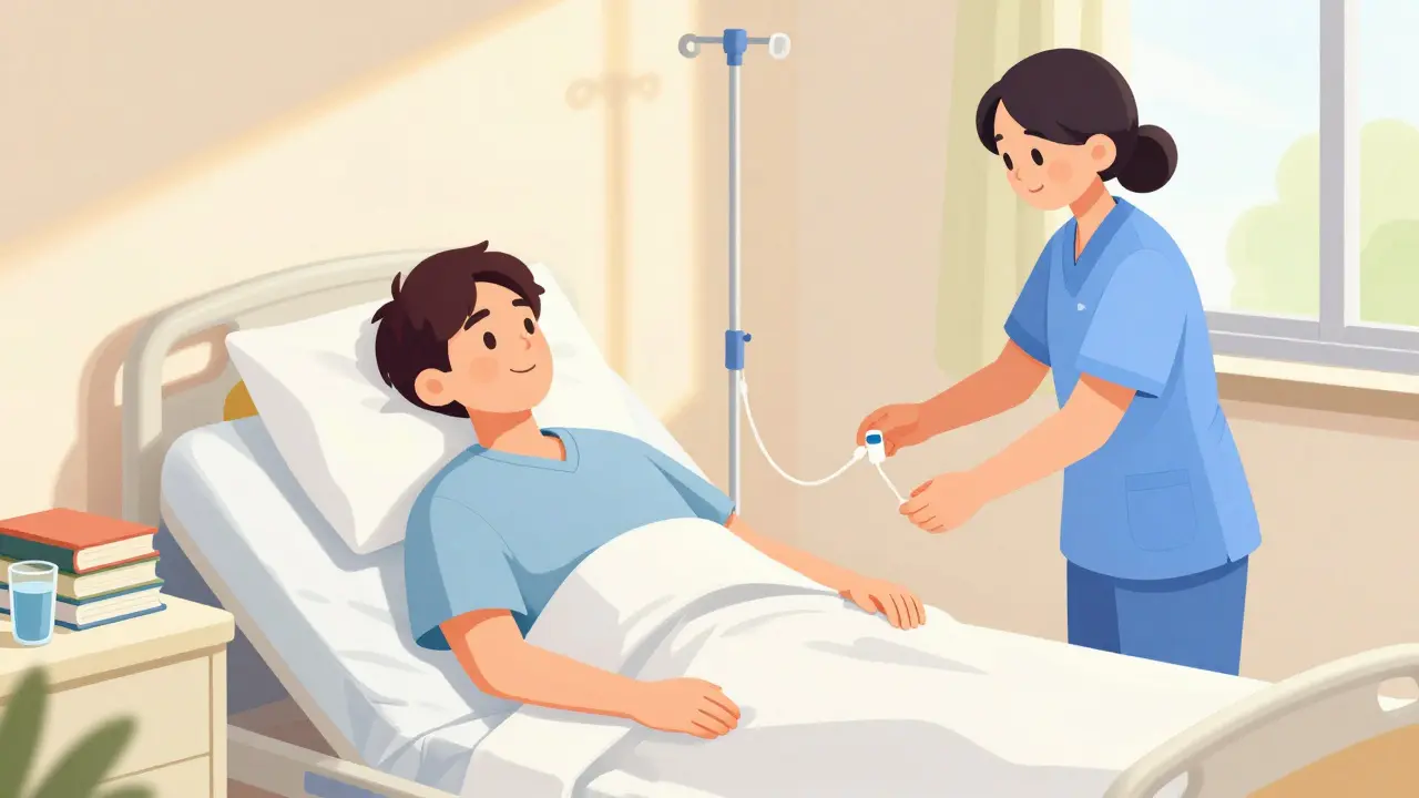 Patient recovering in hospital bed with nurse removing IV