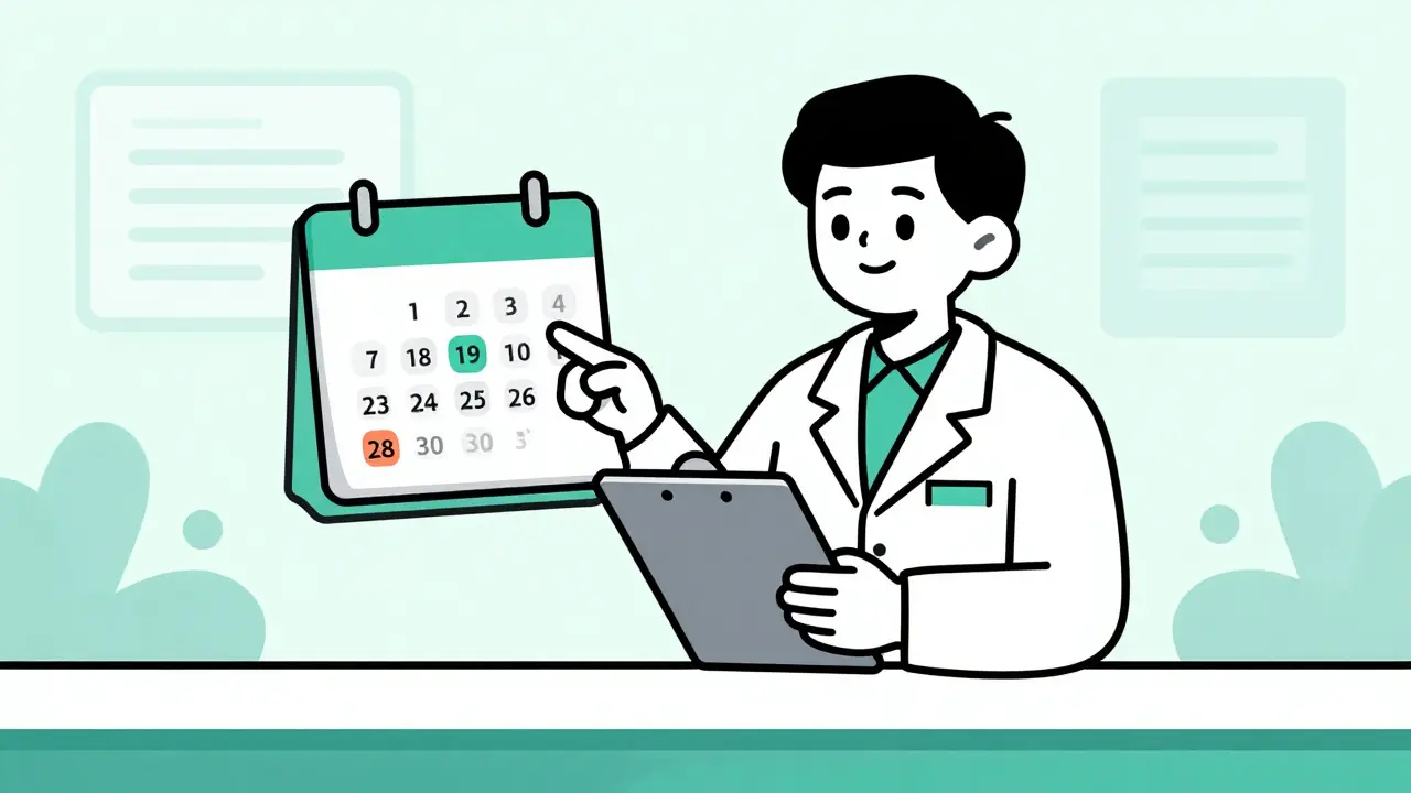 Pharmacist explaining synchronized refill dates to a patient with a calendar.