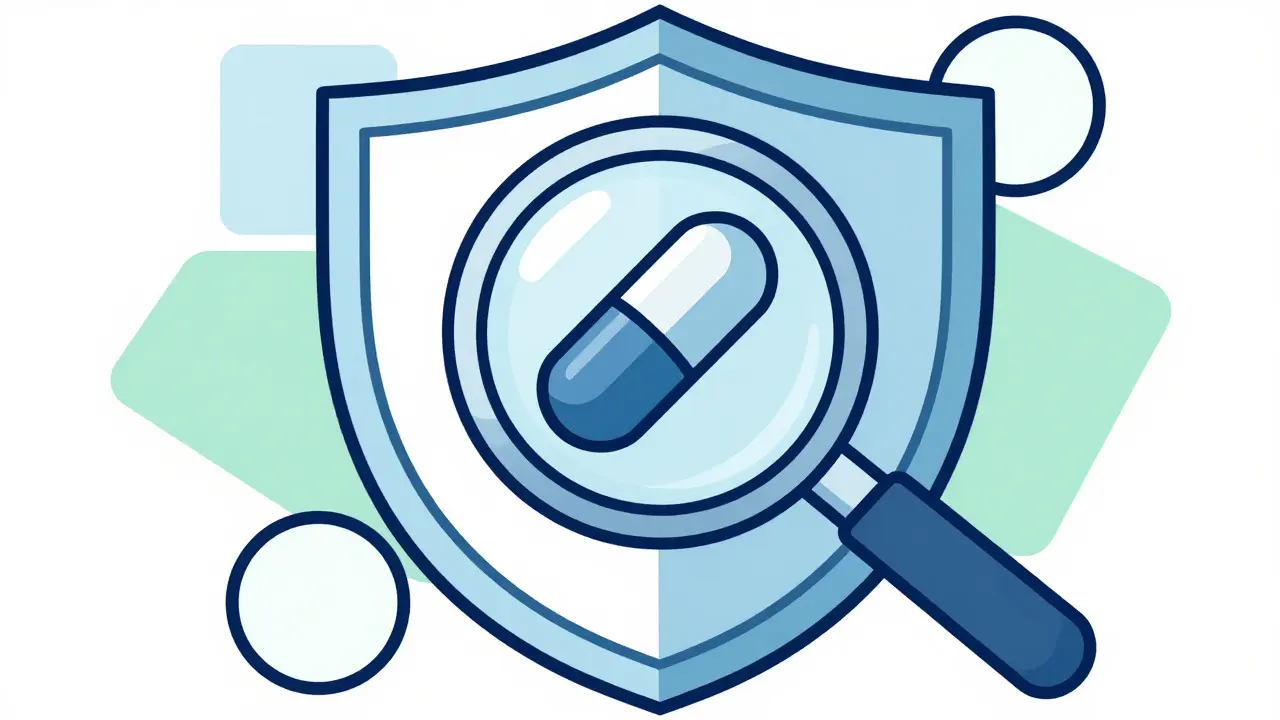 Shield icon with magnifying glass inspecting a vitamin capsule for quality