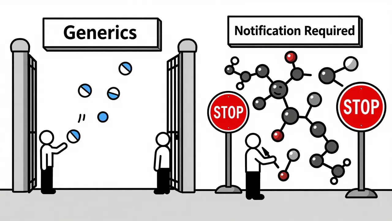 Split view showing easy generic flow versus complex regulatory barriers for biosimilars.