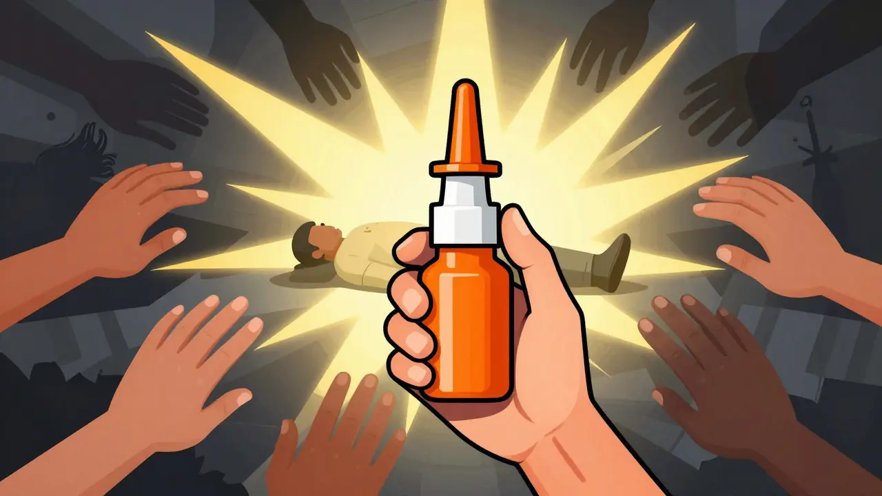 Stylized hands holding orange Naloxone spray with glowing light pushing back shadows