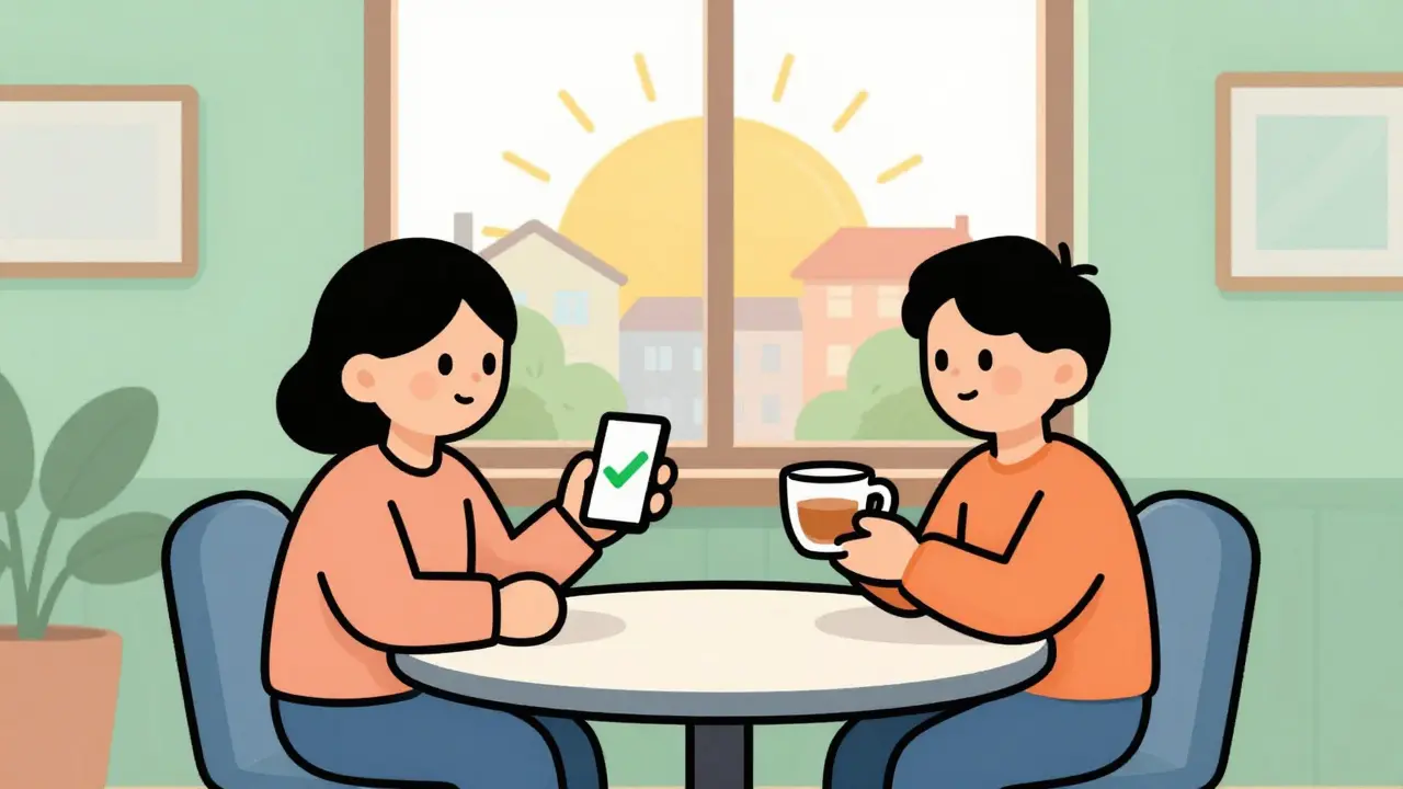 Two friends talking at table with phone showing safety app connection in warm room