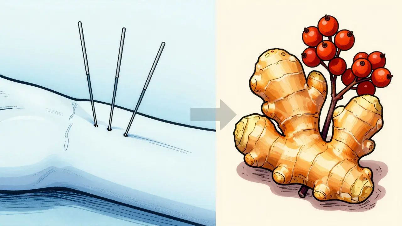 Acupuncture needles and herbs illustrated side by side
