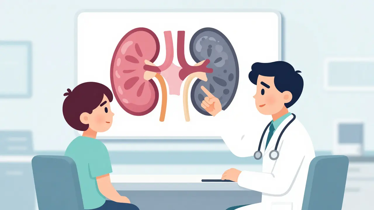 Doctor explaining kidney failure symptoms to a patient in a clinic