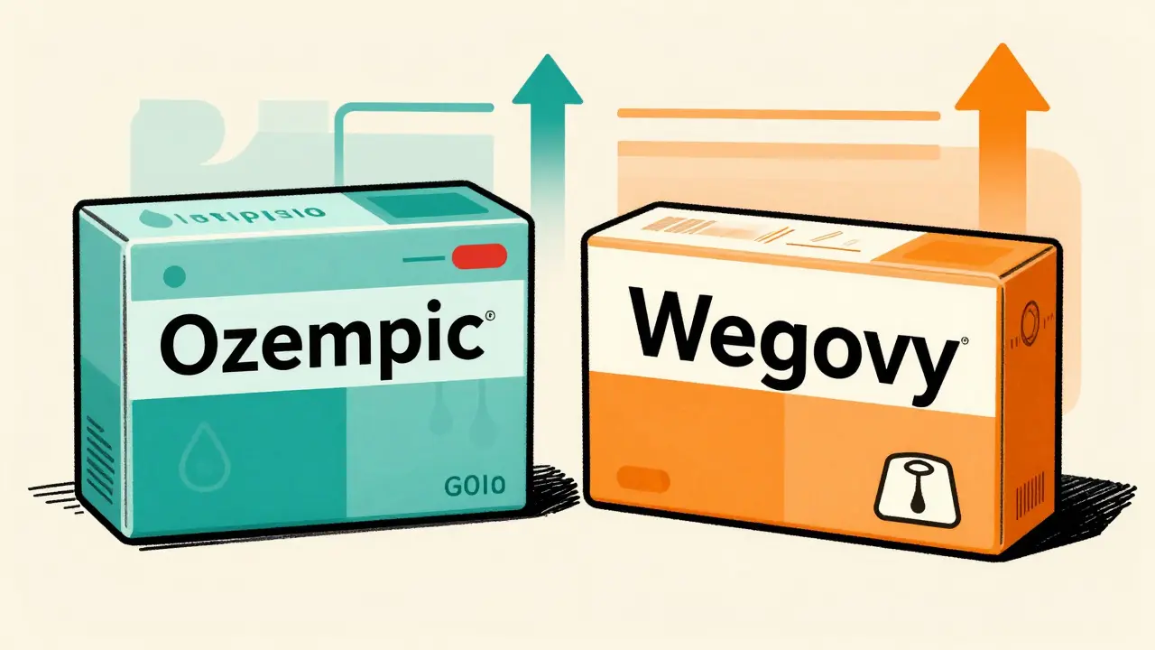 Graphic comparing Ozempic for diabetes and Wegovy for weight loss dosages