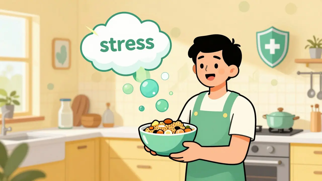 Happy character eating healthy food in a retro kitchen