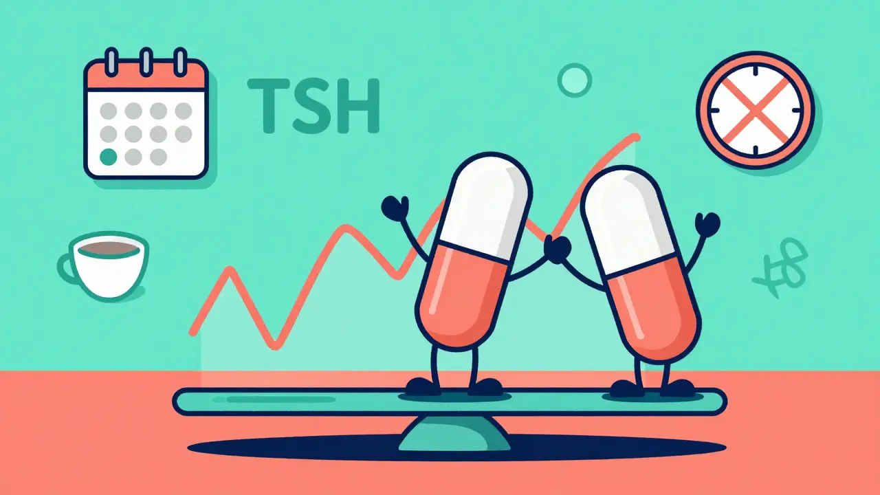 Illustration of a pill balancing on a scale with TSH graphs