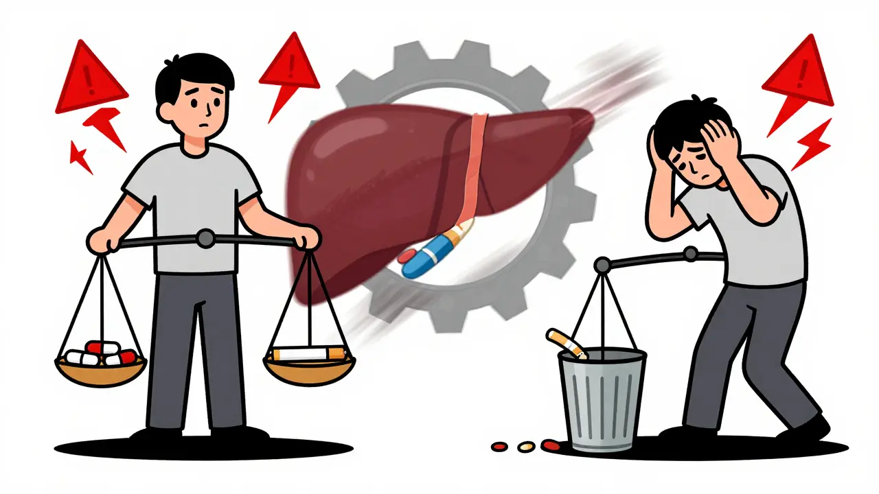 Illustration of patient becoming dizzy as drug levels spike after quitting smoking.