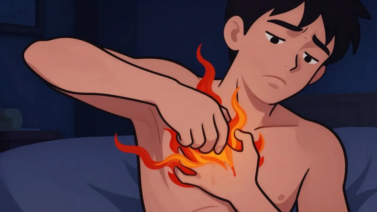 Illustration of person suffering from severe nighttime itching caused by kidney disease