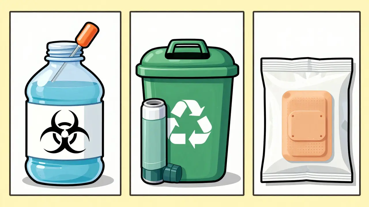 Illustration showing safe disposal steps for EpiPens, inhalers, and patches