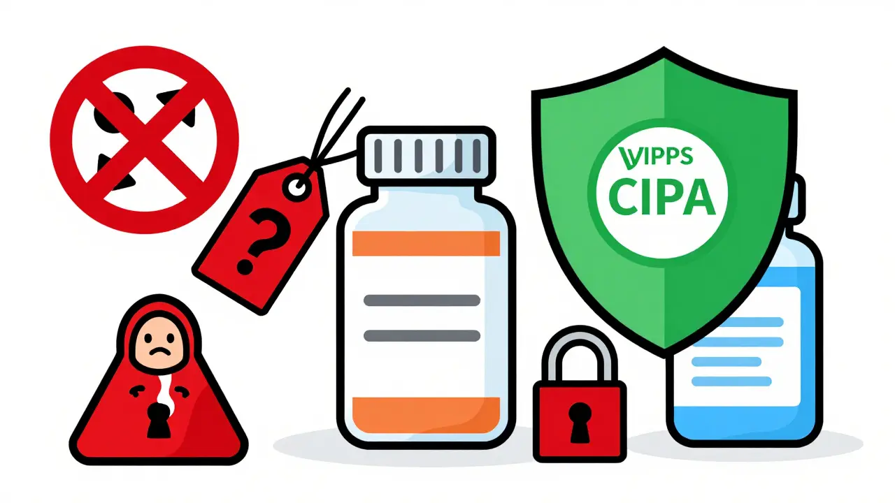 Illustration warning against fake pharmacies and promoting safety
