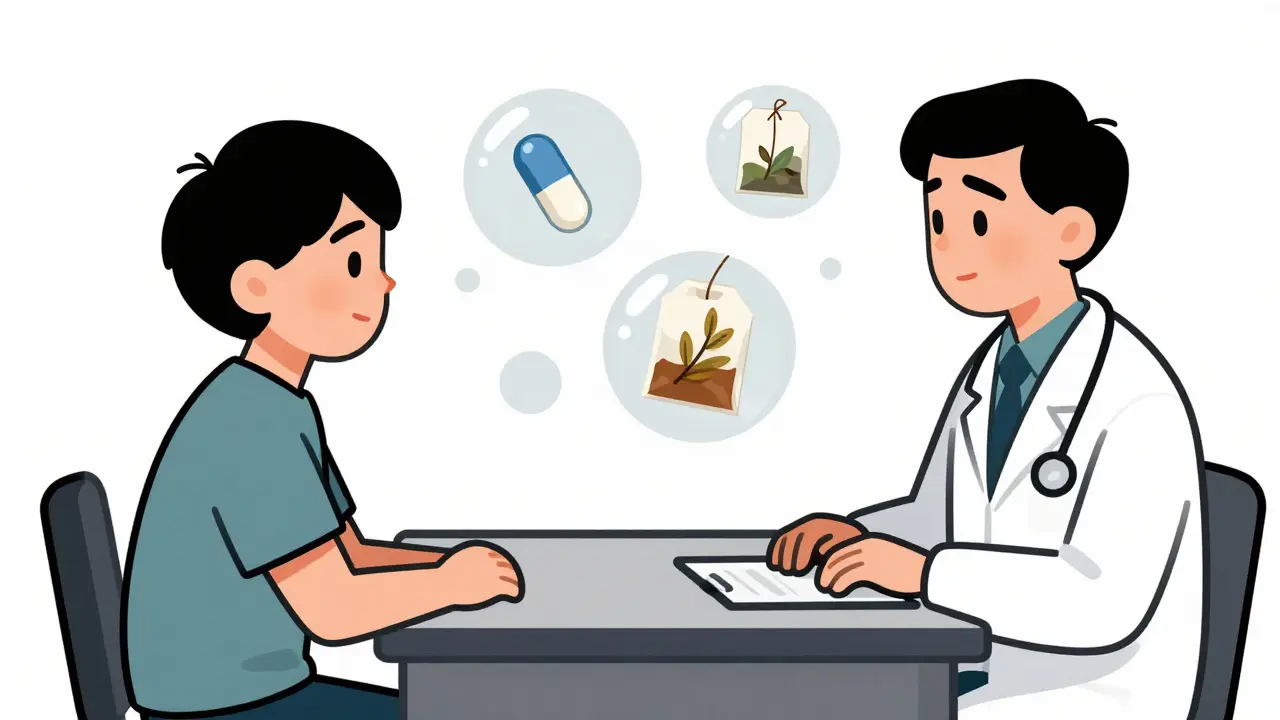 Patient hiding supplement icons from a doctor at a desk