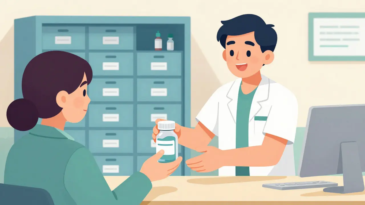 Pharmacist accepting sharps container at a medication take-back drop-off