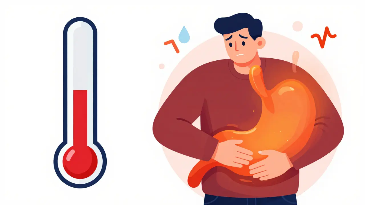 Stylized illustration of fever, abdominal pain, and dehydration symptoms