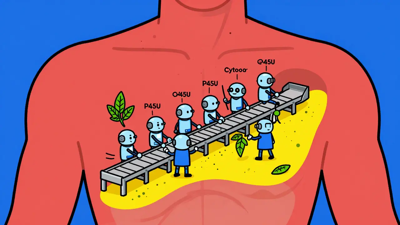 Abstract robots representing liver enzymes processing drugs