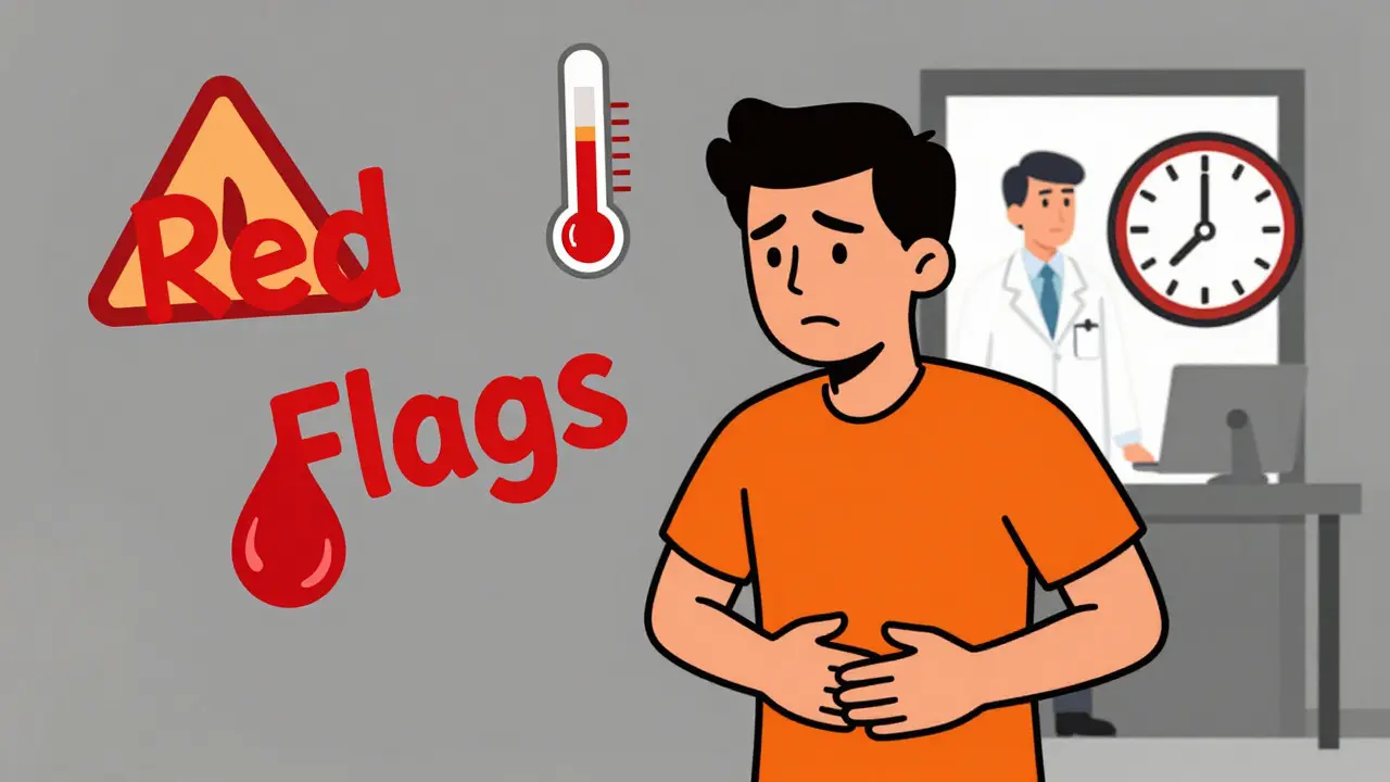 Cartoon patient with warning symbols like fever and pain indicating need for doctor.