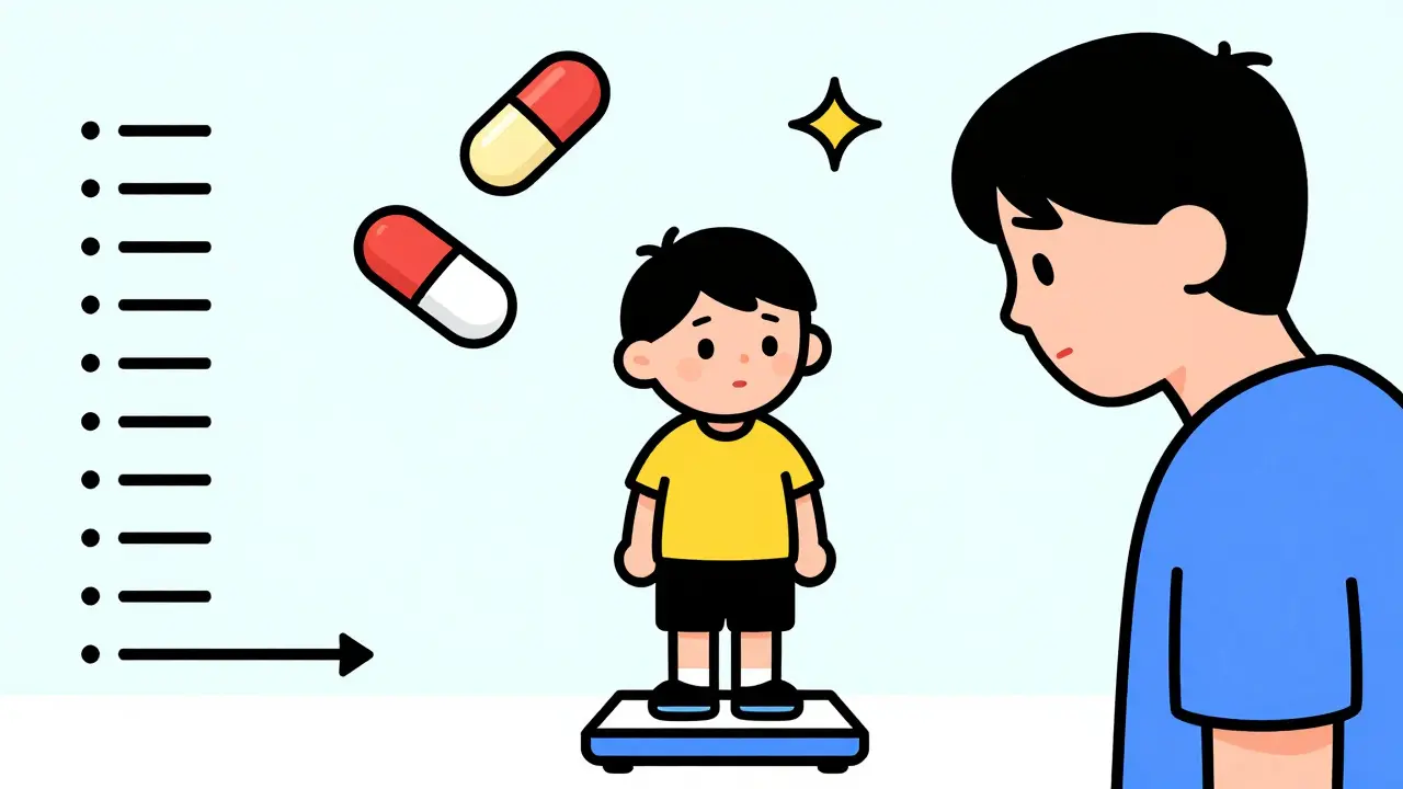 Child on scale with ADHD meds and growth chart icons