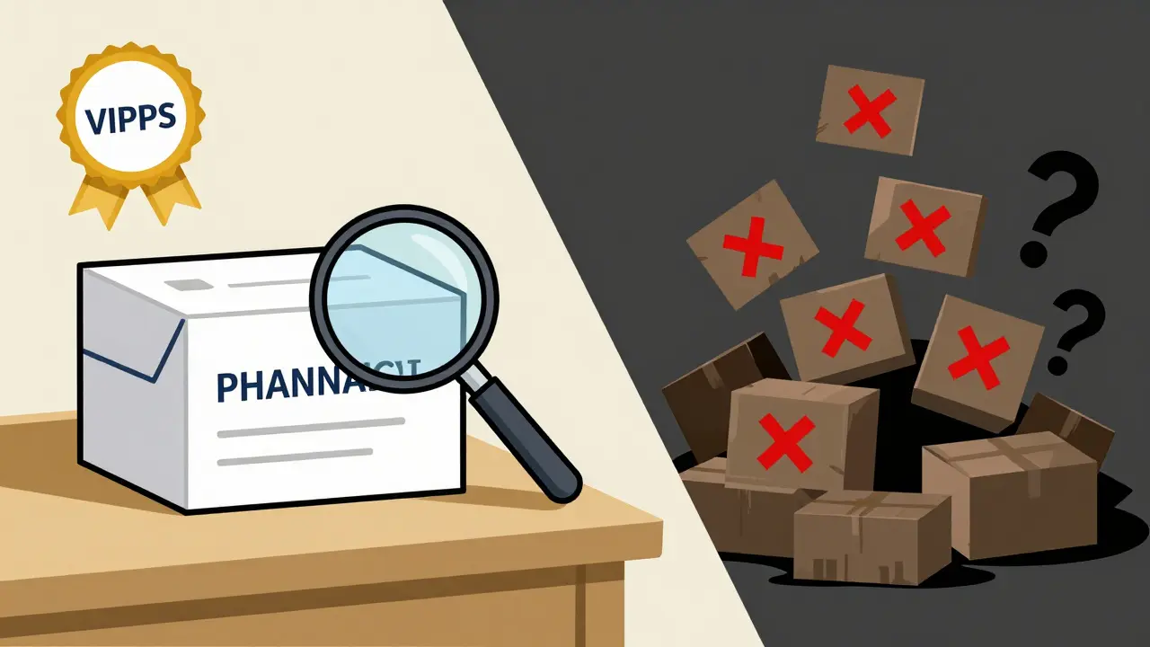 Comparison of safe vs unsafe online pharmacies in cartoon style