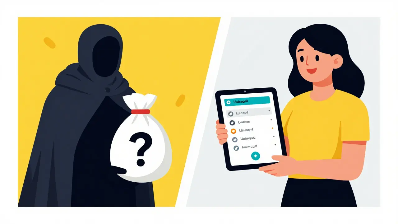 Contrast between fake and legit online pharmacies in Atoom style