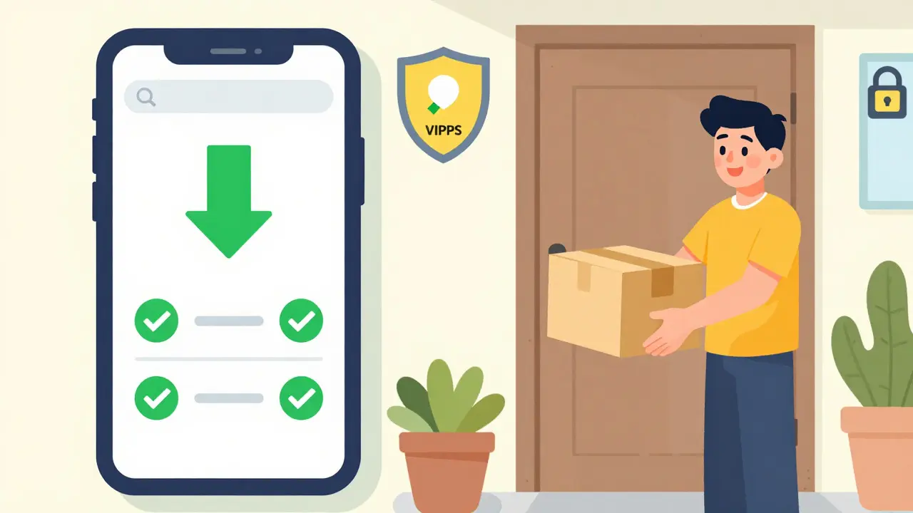 Happy person receiving safe online pharmacy delivery with savings icons