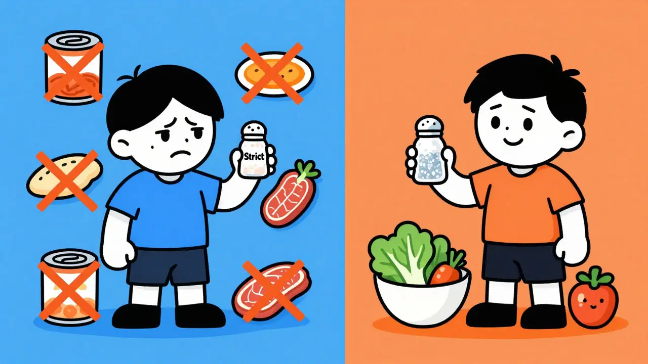 Illustration comparing strict vs moderate salt restriction diets for ascites patients