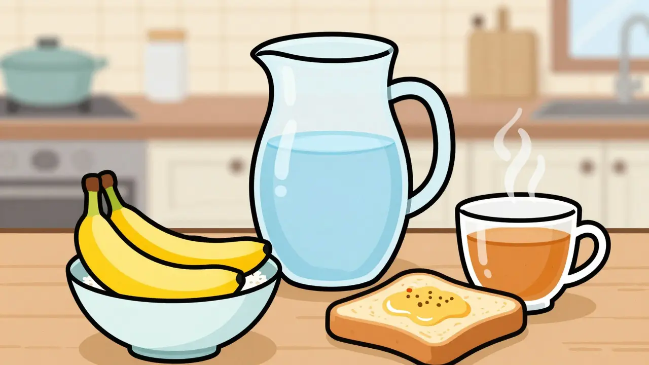 Illustration of BRAT diet foods and water pitcher for diarrhea recovery.
