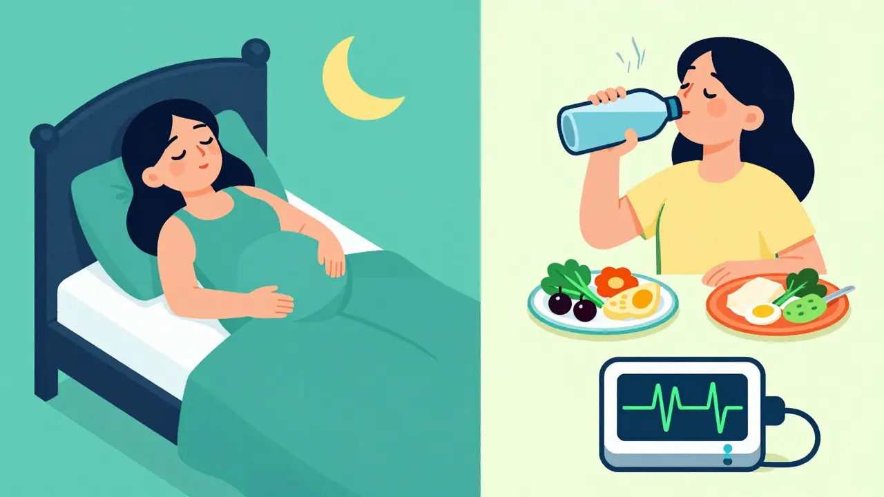 Illustration of sleep, hydration, and biofeedback for migraine relief