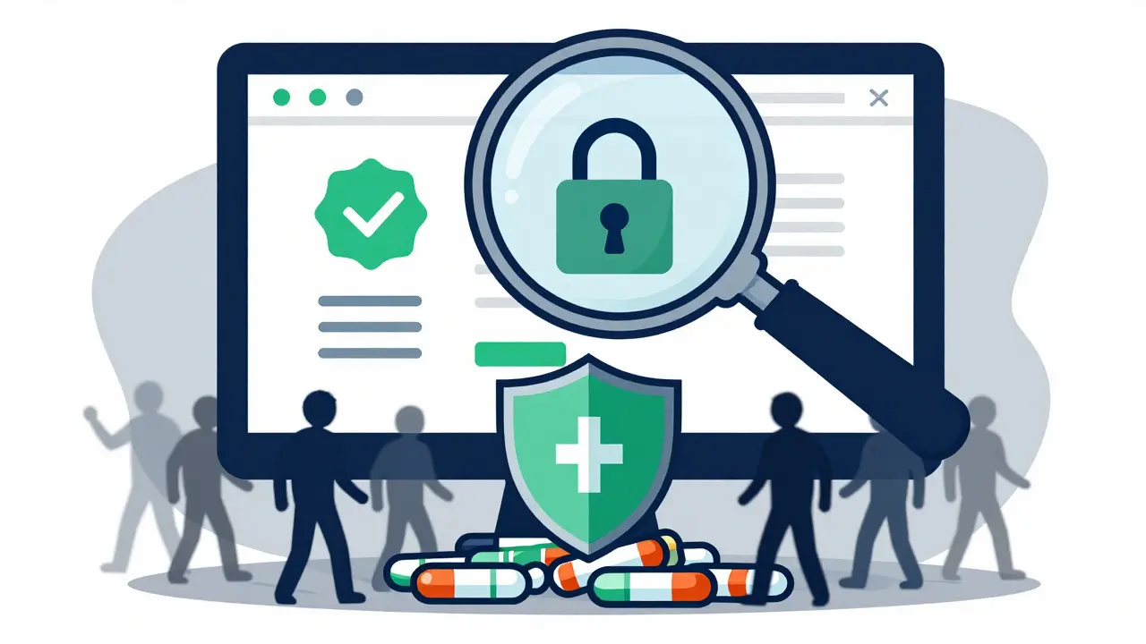 Magnifying glass checking safe online pharmacy security