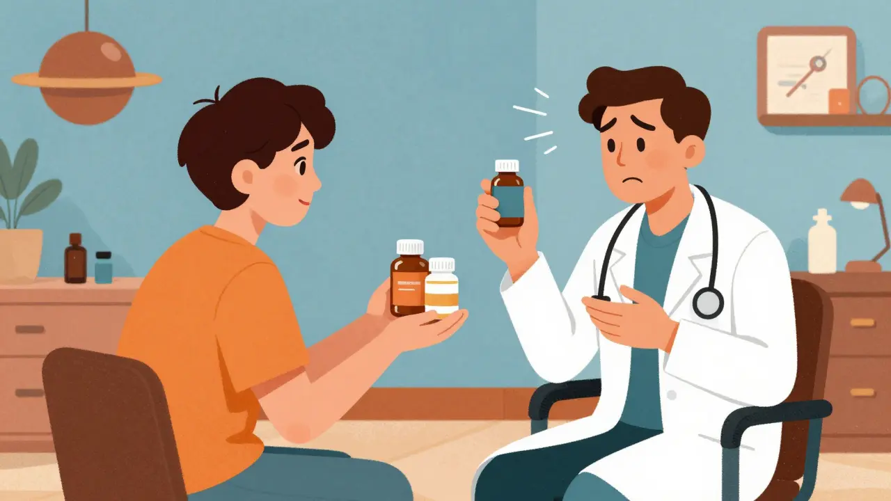 Patient showing supplements to confused doctor in office