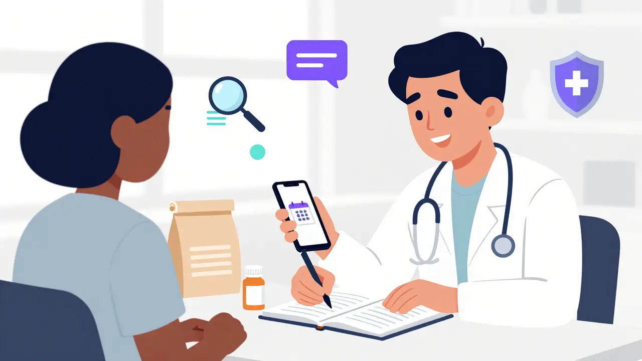 Patient tracking symptoms in a diary next to medication, illustrating proactive health management.