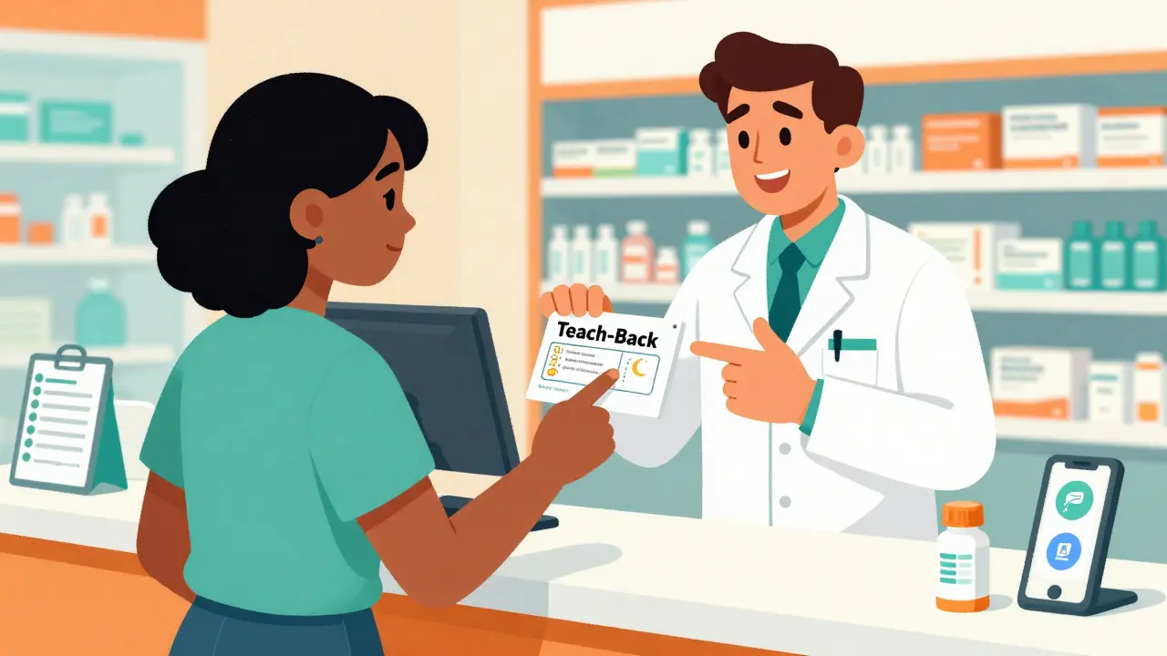 Patient using teach-back method with pharmacist