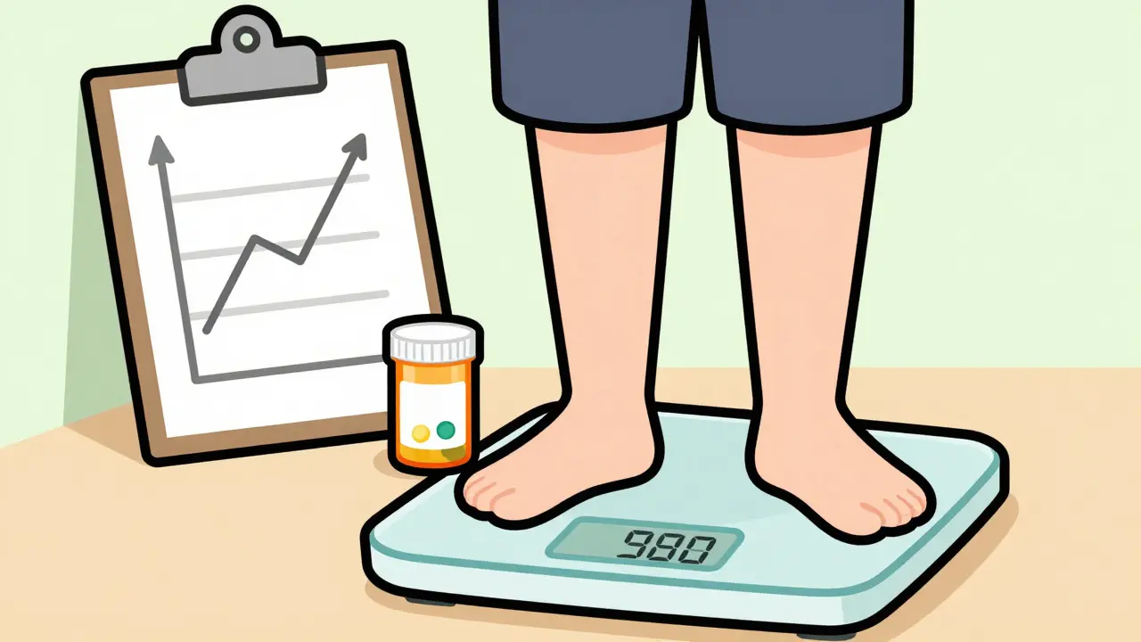 Patient weighing themselves and taking diuretic pills in cartoon style