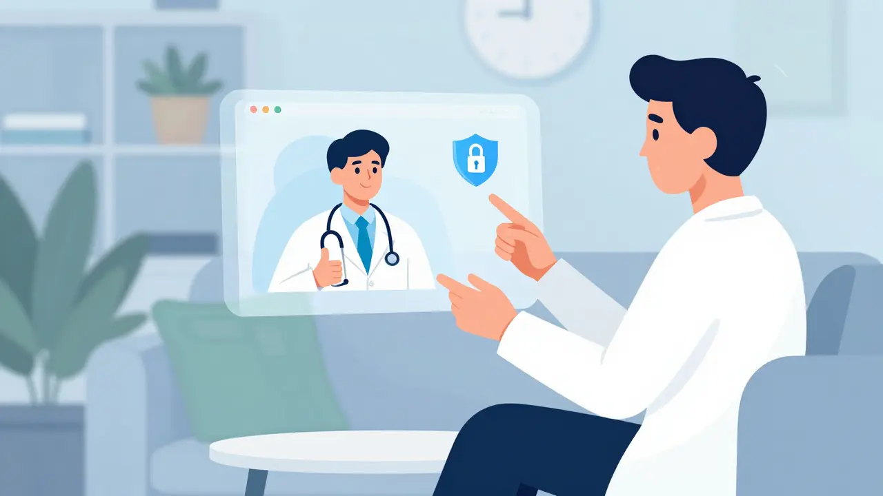 Person using telehealth service for prescription in modern illustration