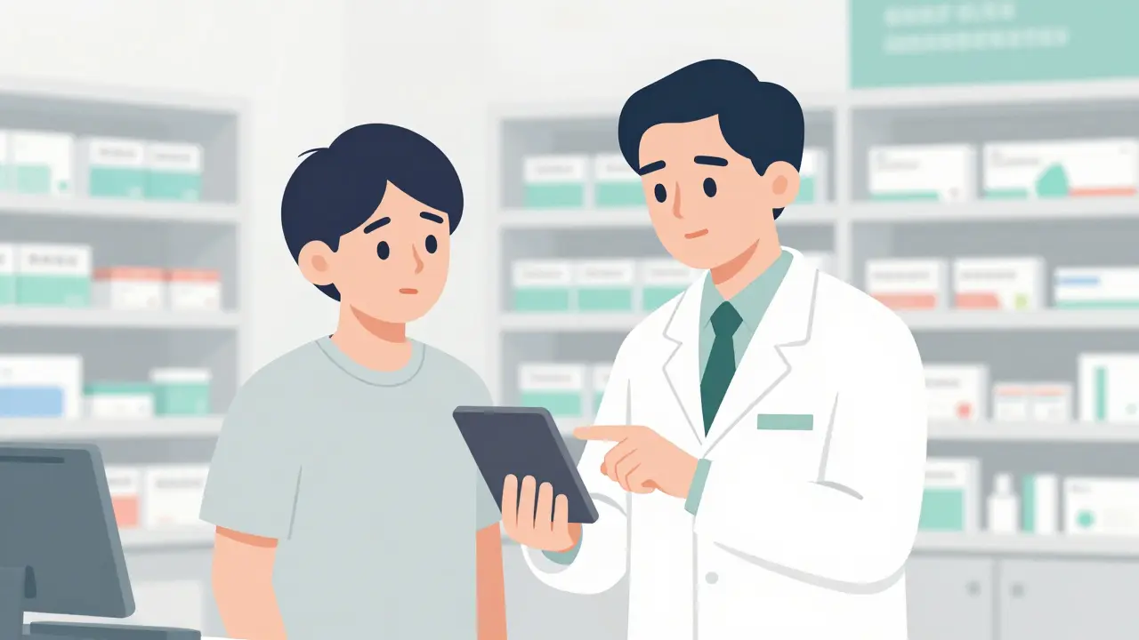 Pharmacist explaining tablet results to a relieved patient