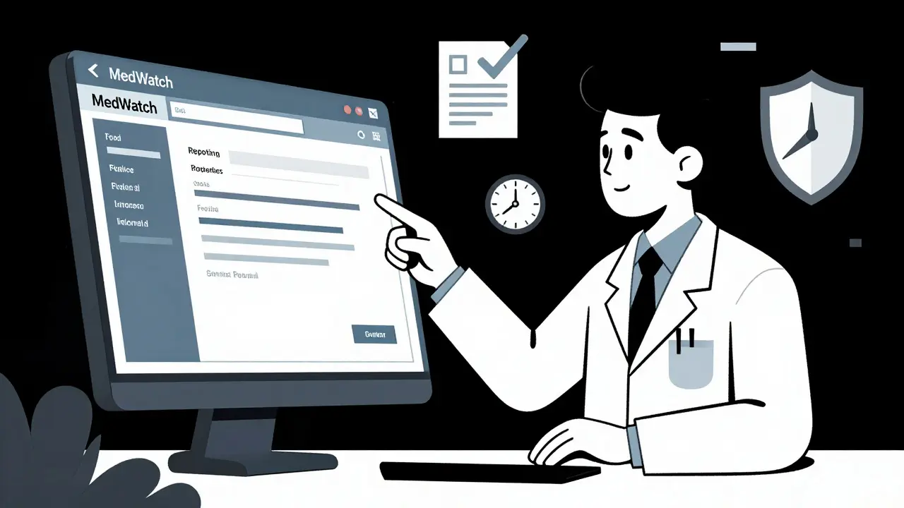 Pharmacist submitting adverse event report via digital safety portal