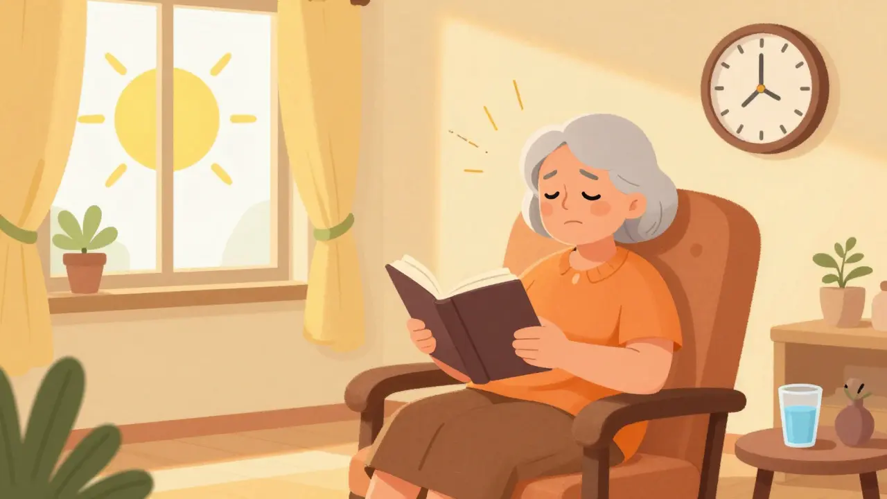 Relaxed senior practicing sleep hygiene in a bright, sunny room.
