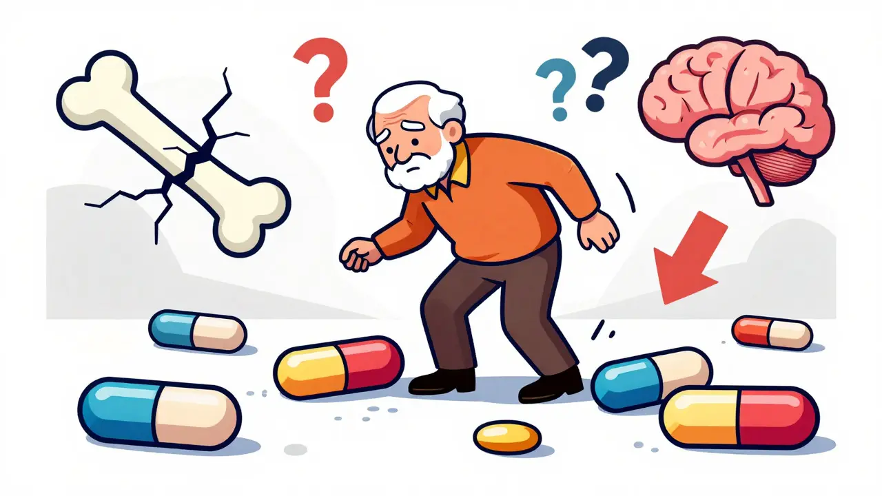 Senior stumbling on a path of pills, surrounded by icons of health risks.