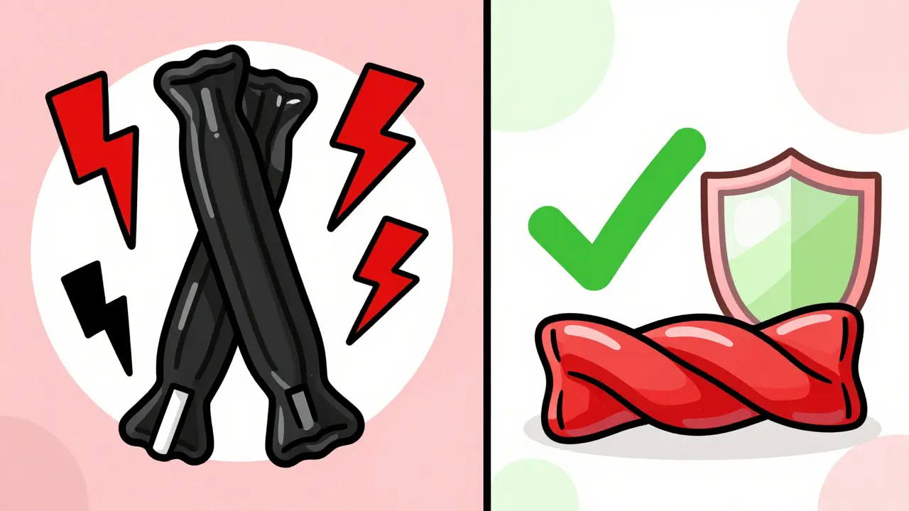 Split illustration comparing dangerous black licorice to safe red licorice