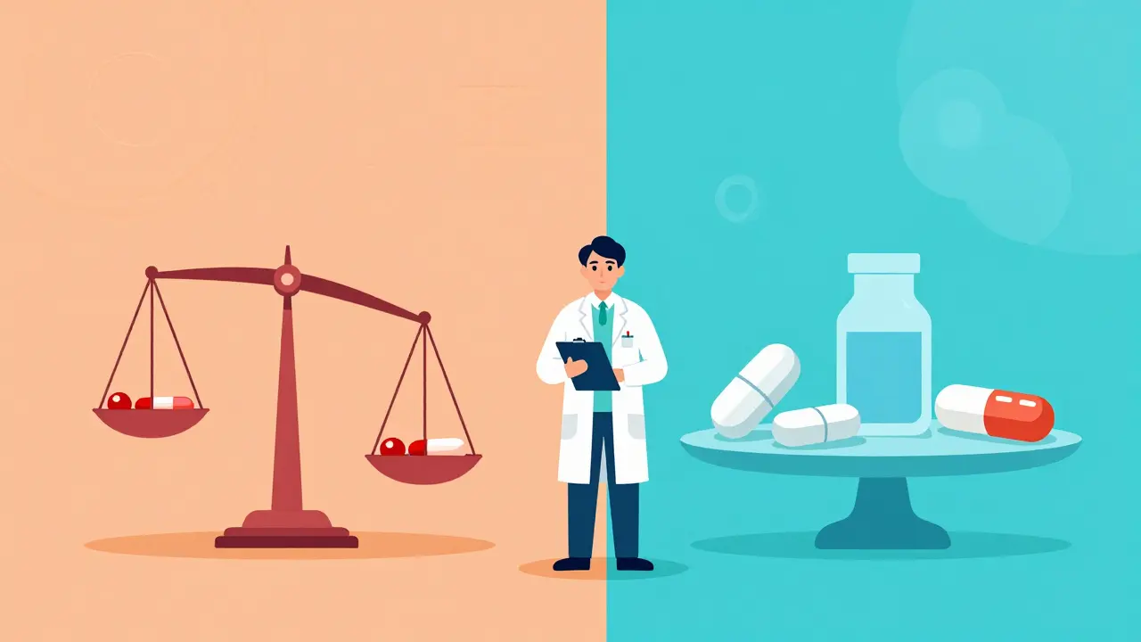 Split illustration comparing high-risk NTI drugs on a tipping scale vs safe generics on a stable platform.