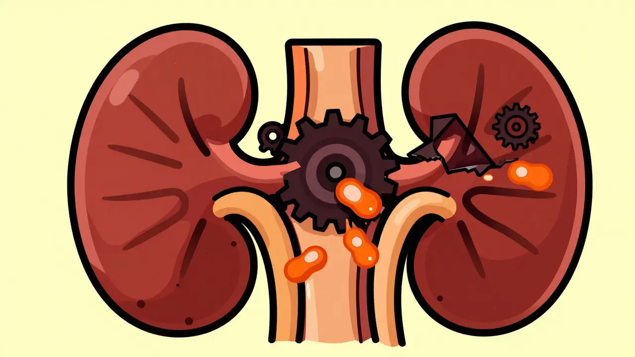 Stylized cartoon kidney with blocked enzyme gears and hormones