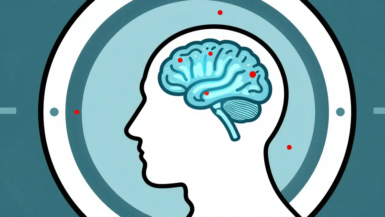 Stylized MRI scan showing brain safety monitoring