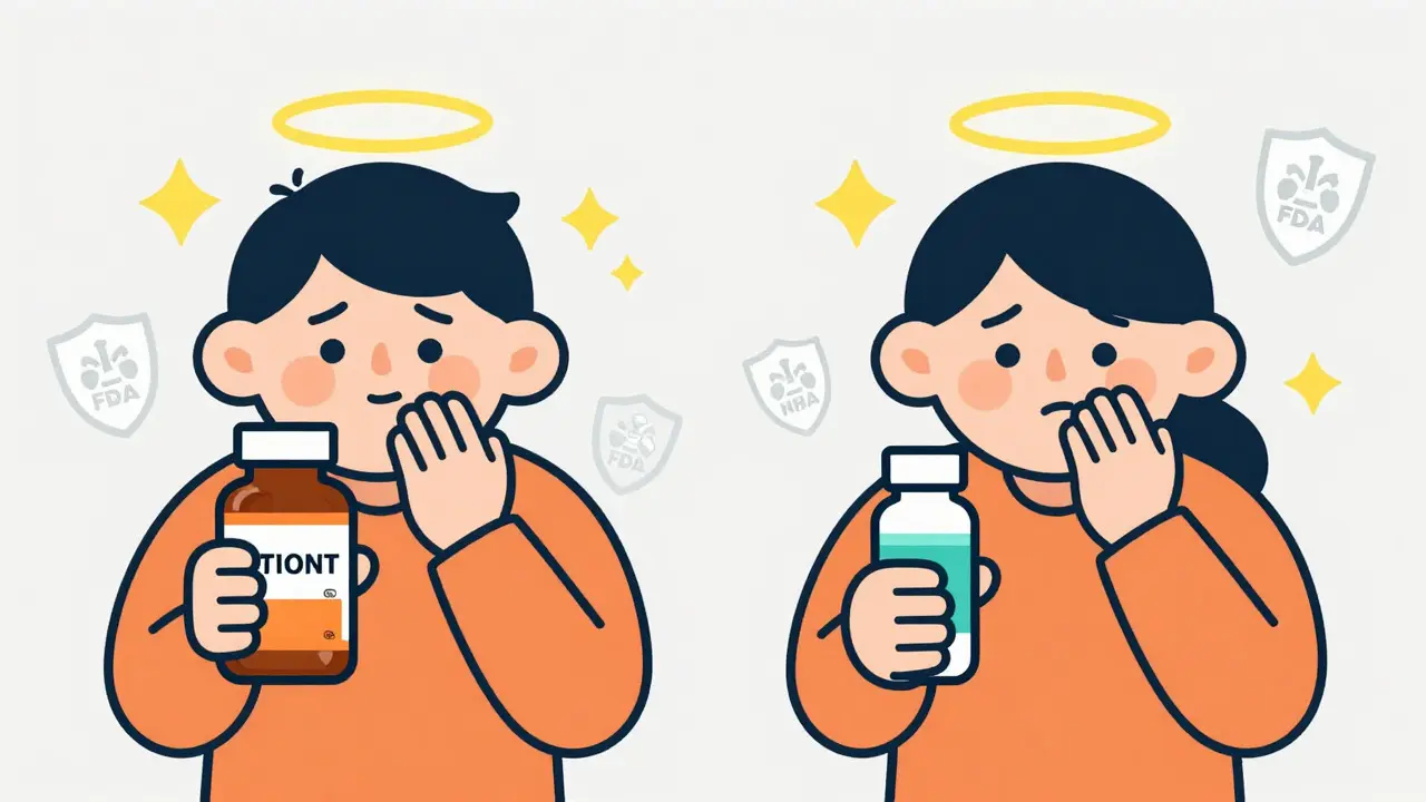 Two people feeling equal relief from brand name and generic medication