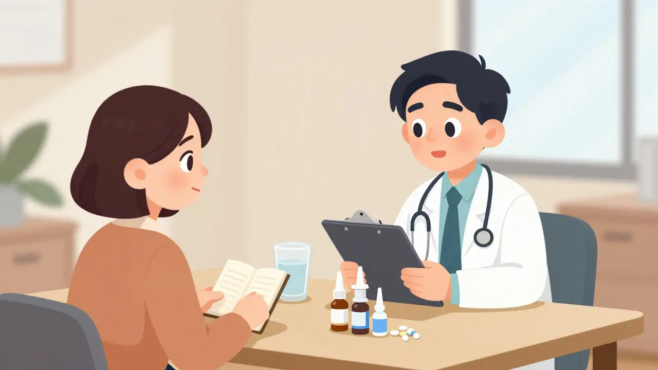 A patient consulting with an allergist in a comfortable office, discussing treatment options and keeping a diary.
