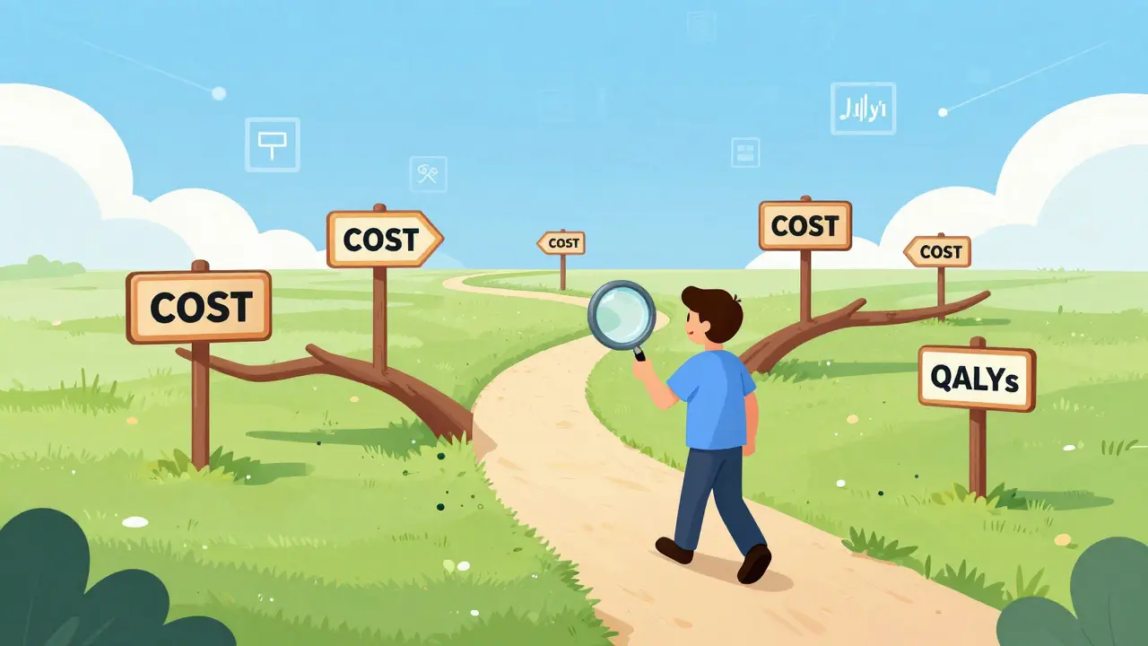 Analyst evaluating multiple therapeutic alternatives on a path