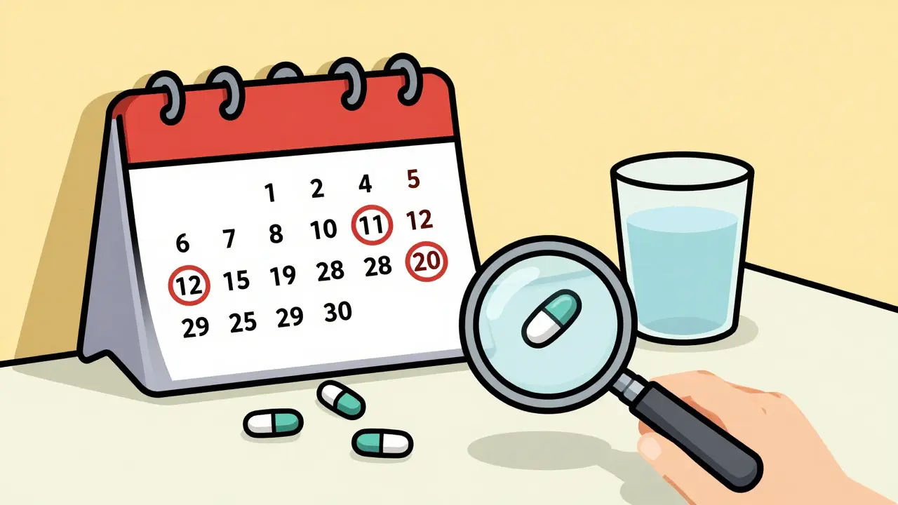 Calendar marking dosing days with magnifying glass over pill