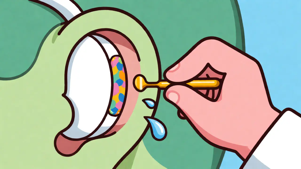 Cartoon depiction of surgical ear repair with a graft patch and drainage