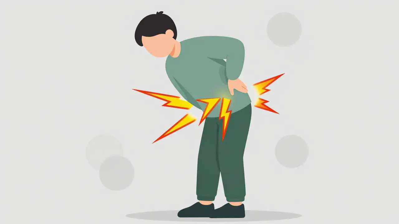 Cartoon of a person holding their lower back with pain radiating to the legs