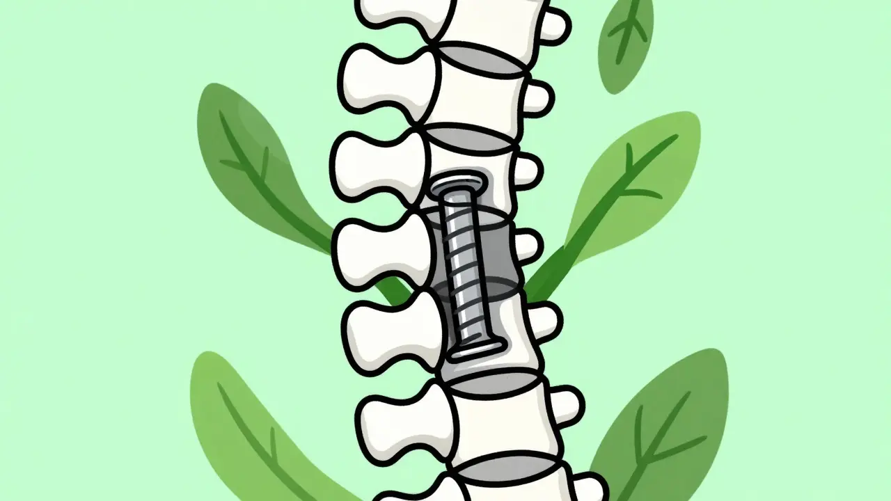 Conceptual art of spinal fusion with metal hardware and healing green elements