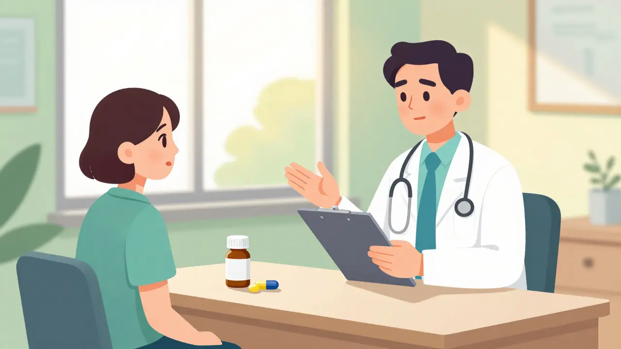 Doctor consulting with a patient about medication adjustments in a bright office