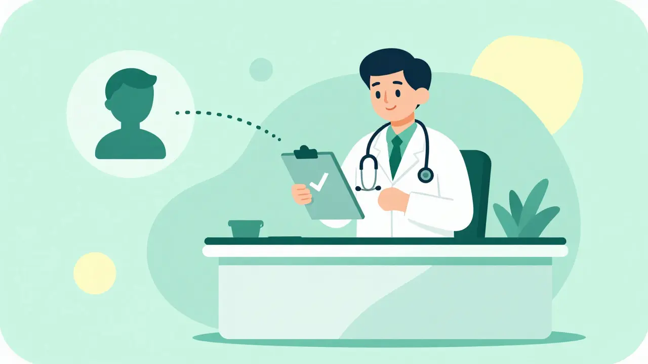 Doctor reviewing patient file in cartoon telehealth concept